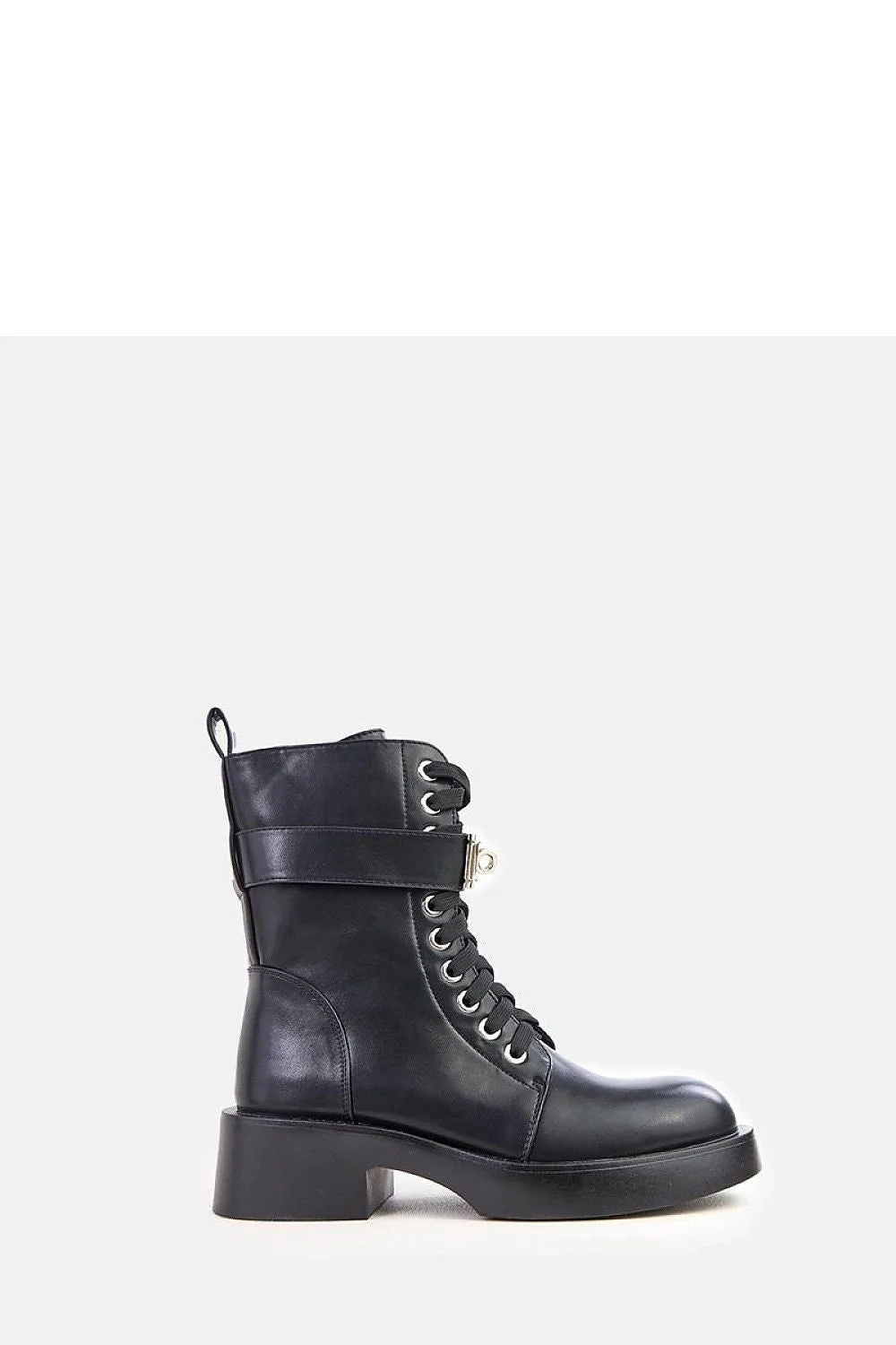bottines montantes cuir écologique noir bout rond talon bloc 5cm semelle plateforme lacets zip latéral bride cheville cadenas argenté rock