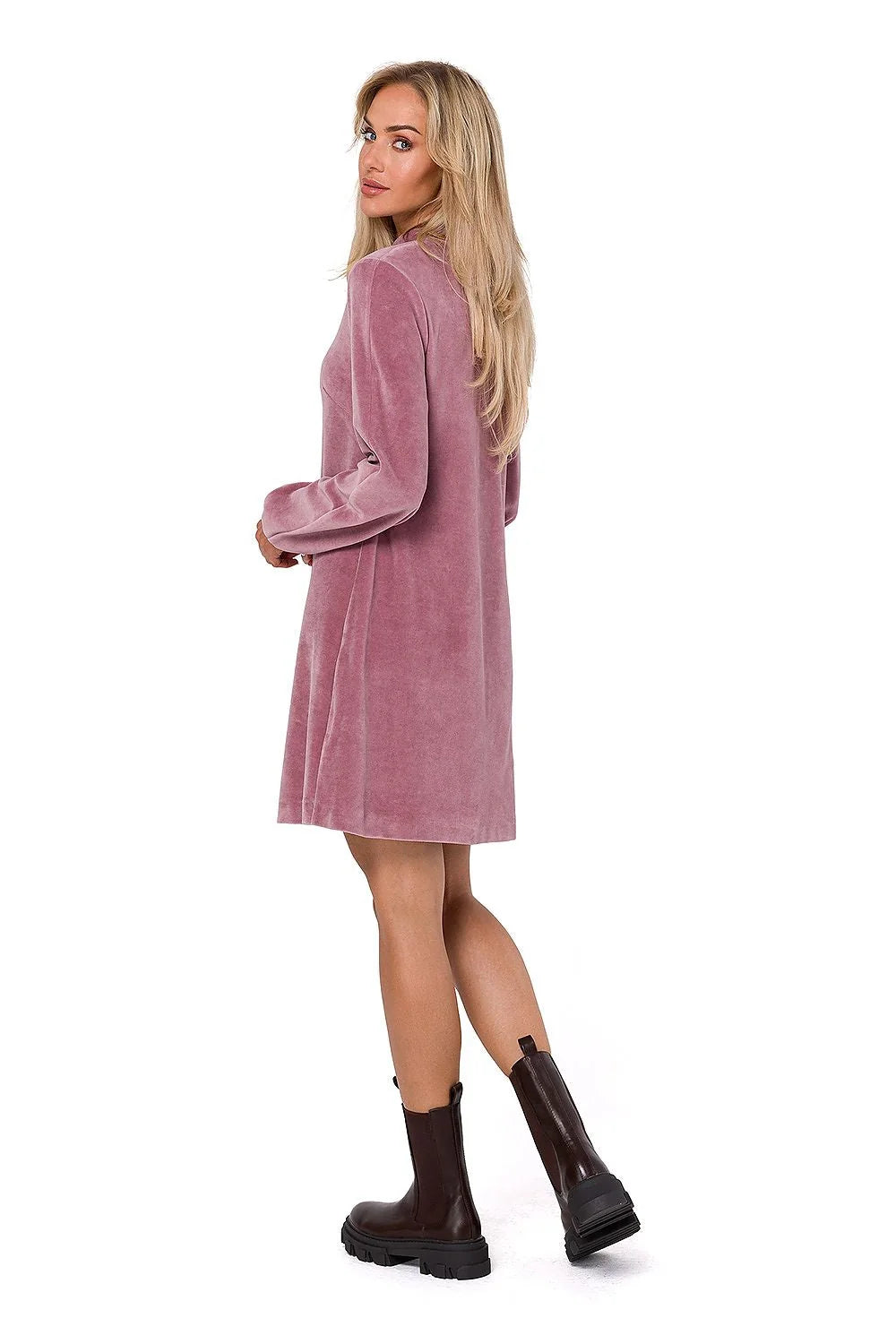 robe velours rose mauve manches longues encolure V coupe trapèze mini longueur effet ballon poignet resserré douce brillante