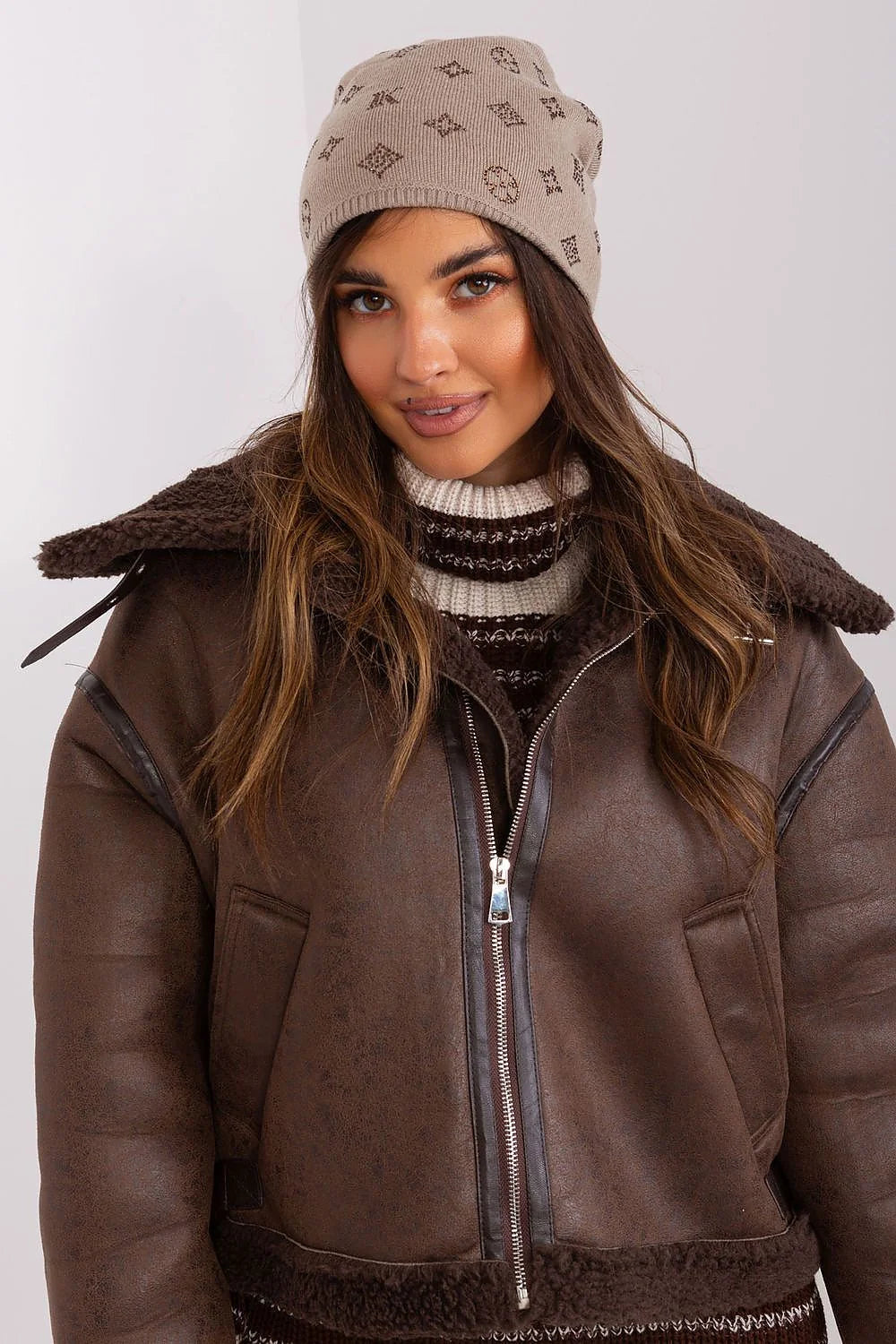 Bonnet d'hiver en cachemire avec strass applications veste cuir marron faux fourrure col doublé femmes mode hiver veste ample