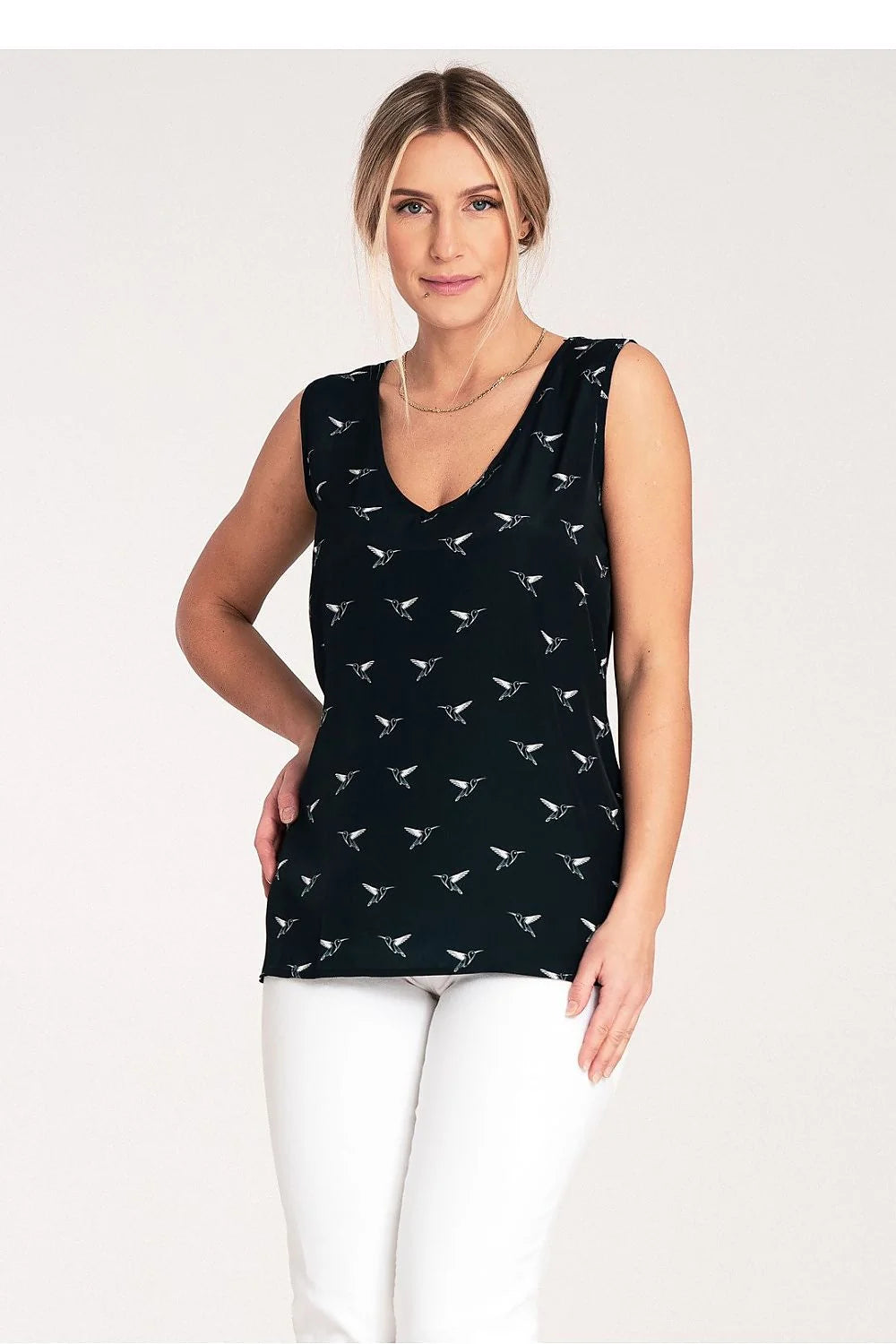 Chemisier Femme Élégant sans Manches en Polyester 100% Taille Longue Ronde Détails Oiseaux Noire Blanc S M L XL