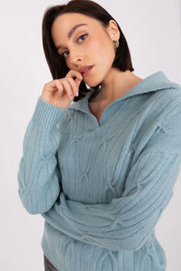 Pull féminin Chandail AT en bleu-gris doux maille torsadée manches longues col V côtelé ajusté polyvalent cool seasons