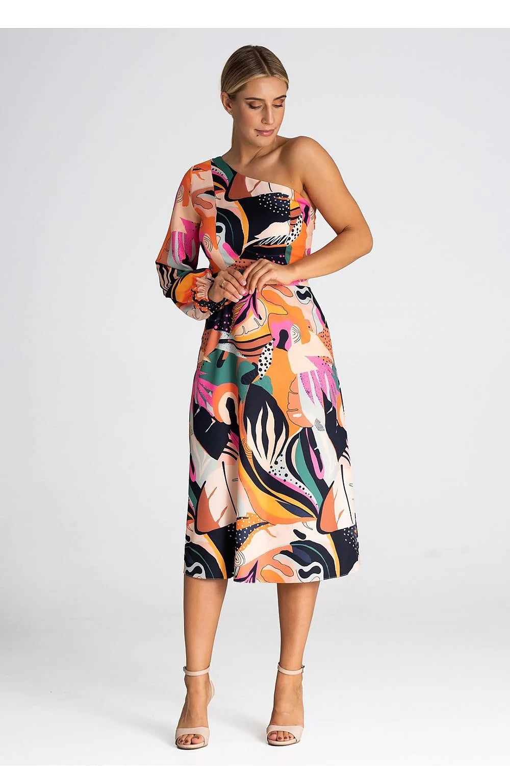 robe cocktail Figl asymétrique manche bouffante midi cintrée jupe évasée imprimé abstrait multicolore fluide polyester élasthanne vibrante artistique