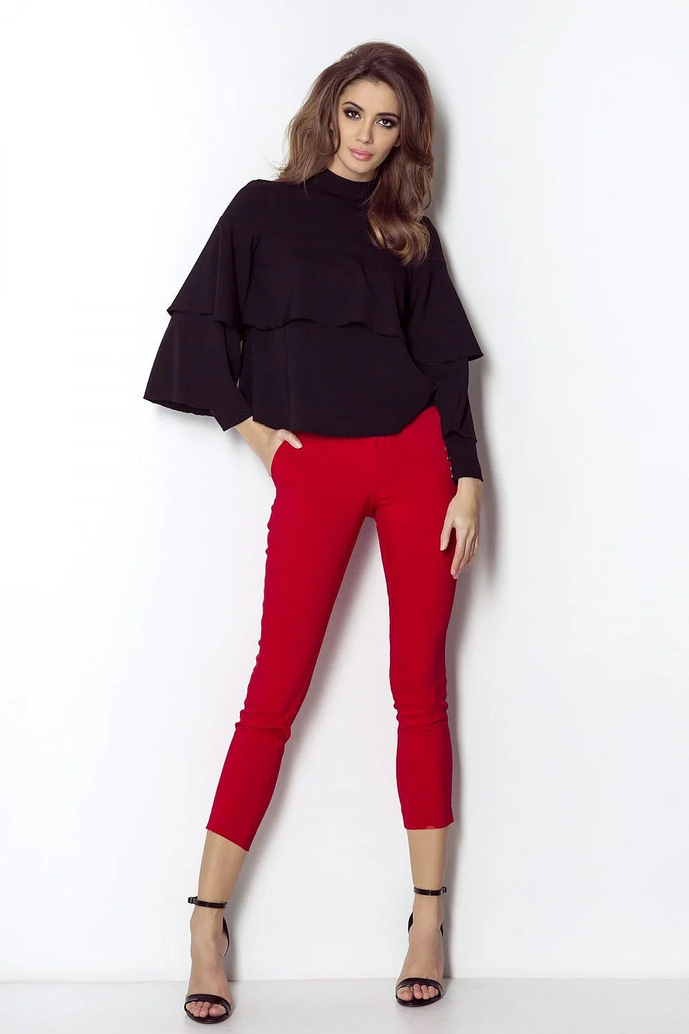 Chemisier noir en polyester moderne chic volants manches longues col montant automne tendance femme élégante