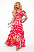 Robe de cocktail longue encolure en V manches courtes flottantes motif floral tropical couleurs vives taille ajustable femme polyester 95 elasthanne 5
