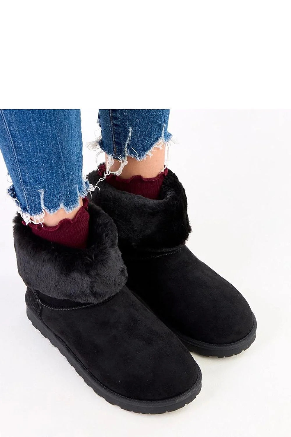bottines femme fourrées suédine noire cheville col retroussable fausse fourrure bout rond semelle crantée antidérapante intérieur chaud moelleux confort hivernal