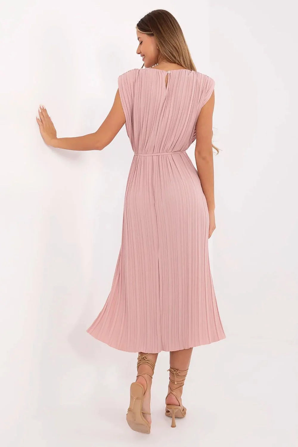 Robe longue bohème femme rose pâle plissée verticale tissu léger polyester viscose taille ajustable ceinture perles bois occasion décontractée semi-formelle été