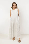 robe longue été sans manches maxi lin viscose coton respirant ample trapeze fluide fines rayures verticales blanc noir