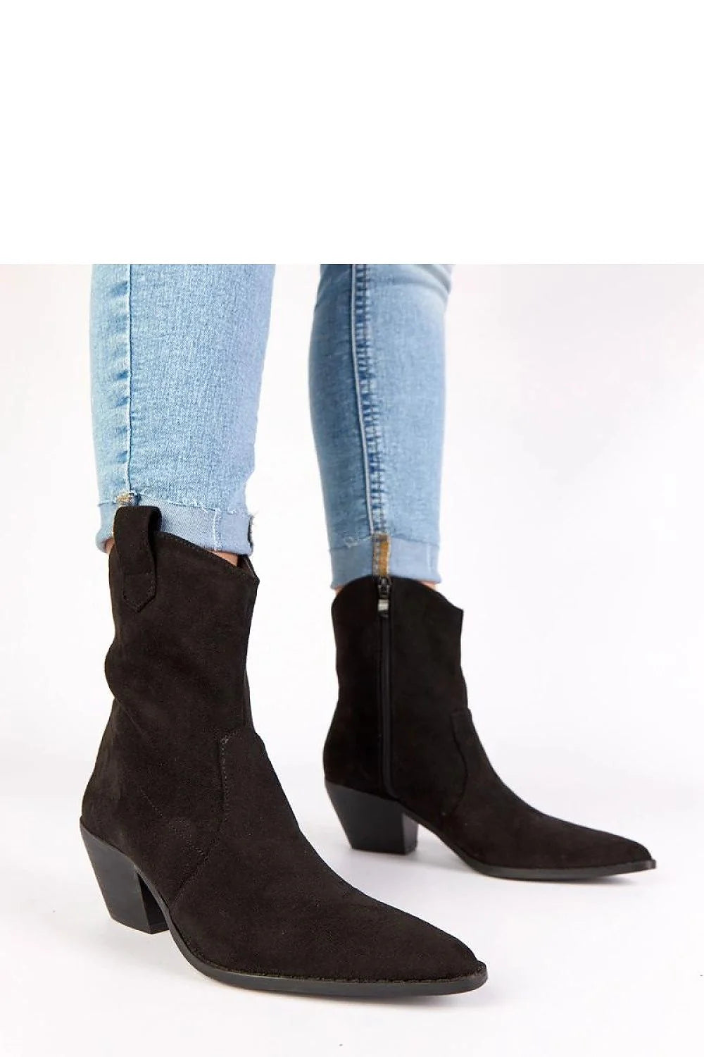 bottines noires femme suède western talon carré bout pointu coutures tige haute fermeture éclair latérale confortable semelle antidérapante durable