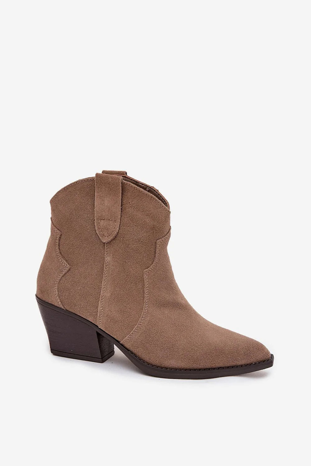 bottines femme daim naturel suédine western bout pointu talon6cm bloc effet bois taupe cheville surpiqûres languettes enfilage doublure fourrure confortables