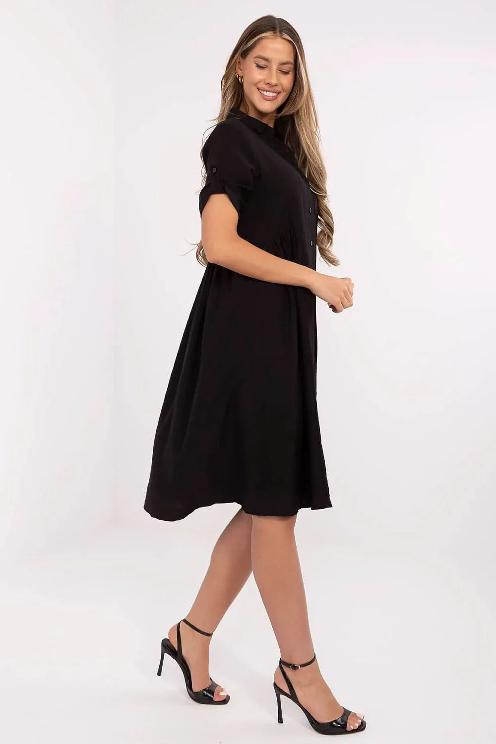 Robe chemisier évasée midi Italy Moda, col classique, manches courtes, boutons, poche poitrine, viscose nylon, noir uni, femmes