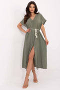 Robe longue bohème en lin coton kaki manches courtes encolure V ceinture cordelette femme occasion estivale