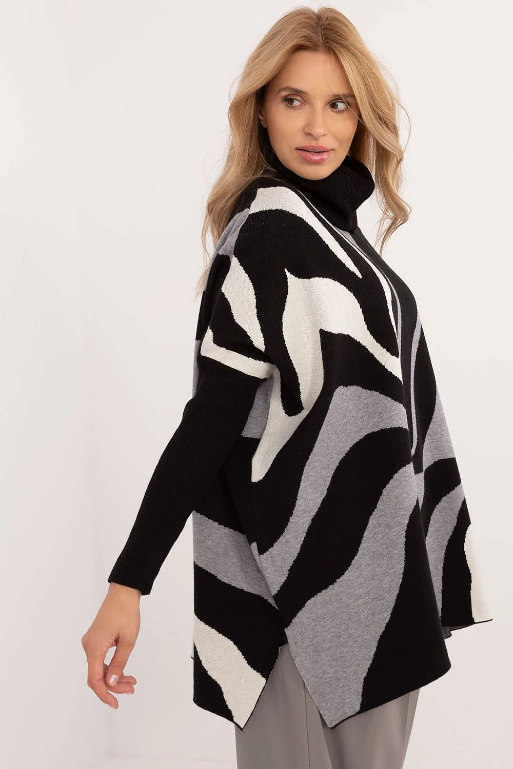 Poncho femme moderne design graphique抽象波纹图案tricoté col roulé texture douce saison froideusage casual et sophistiqué