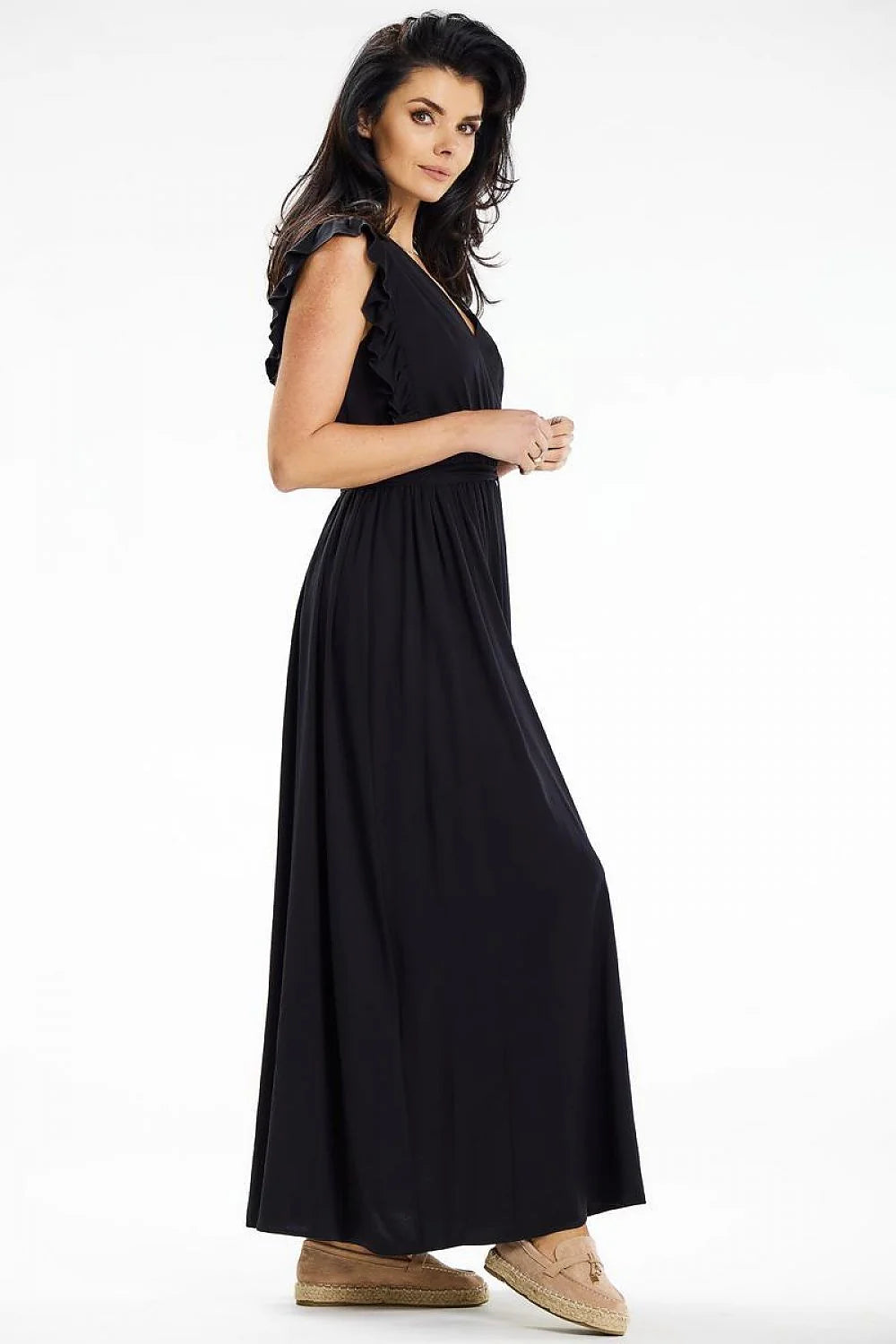 Robe longue élégante à encolure V manches longues volants ceinture intégrée couleur noire taille ajustable femme