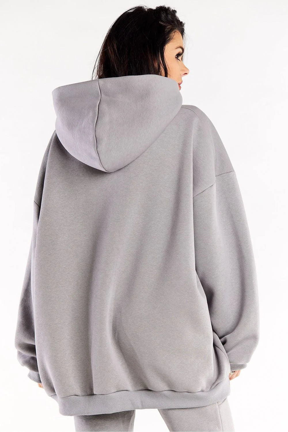 Sweatshirt femme oversize à capuche manches longues poche kangourou gris doux 95% coton élasthanne taille universelle style moderne relaxé