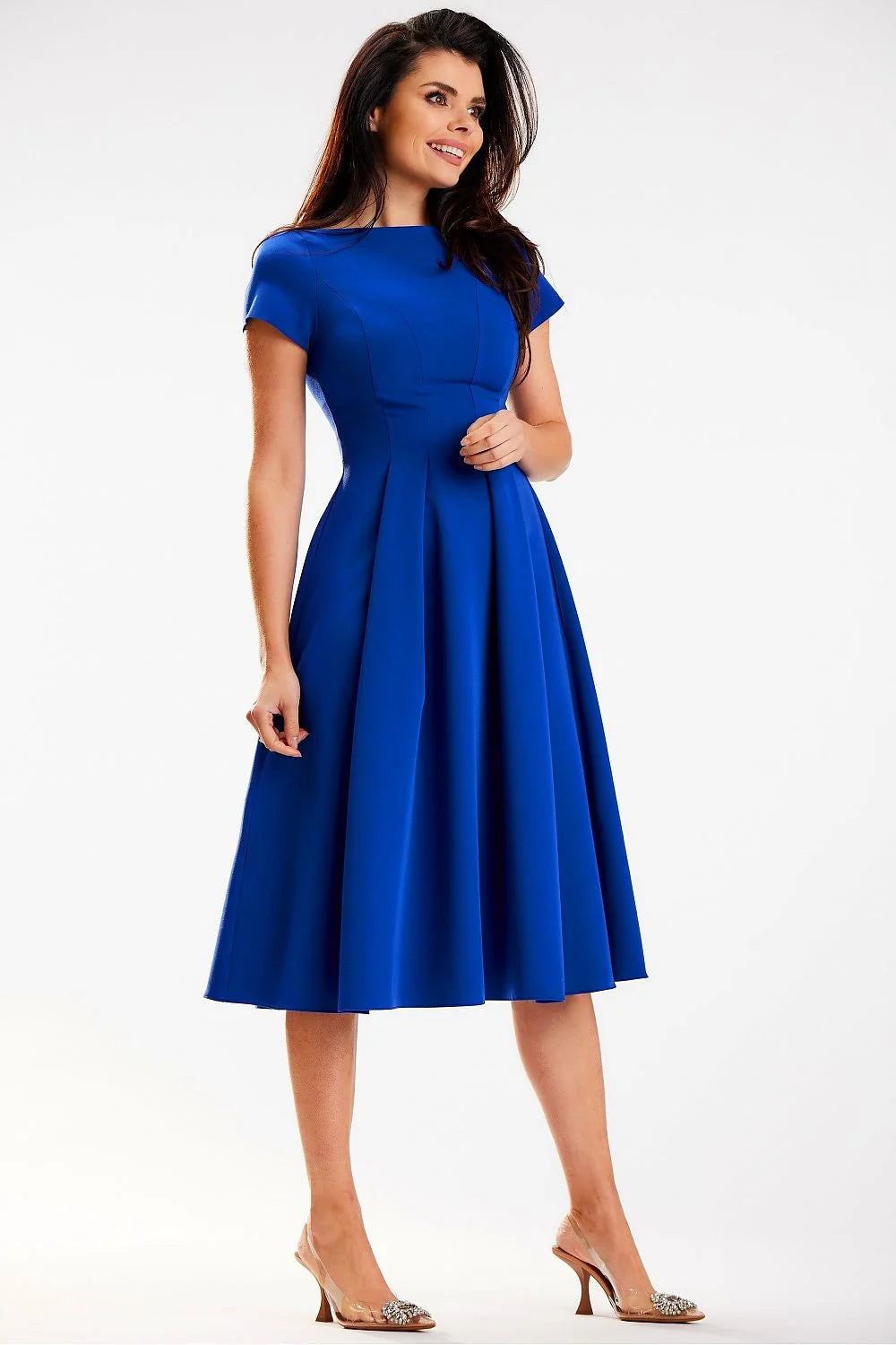 Robe de jour élégante manches courtes encolure bateau jupe midi plissée polyester élasthanne Pologne