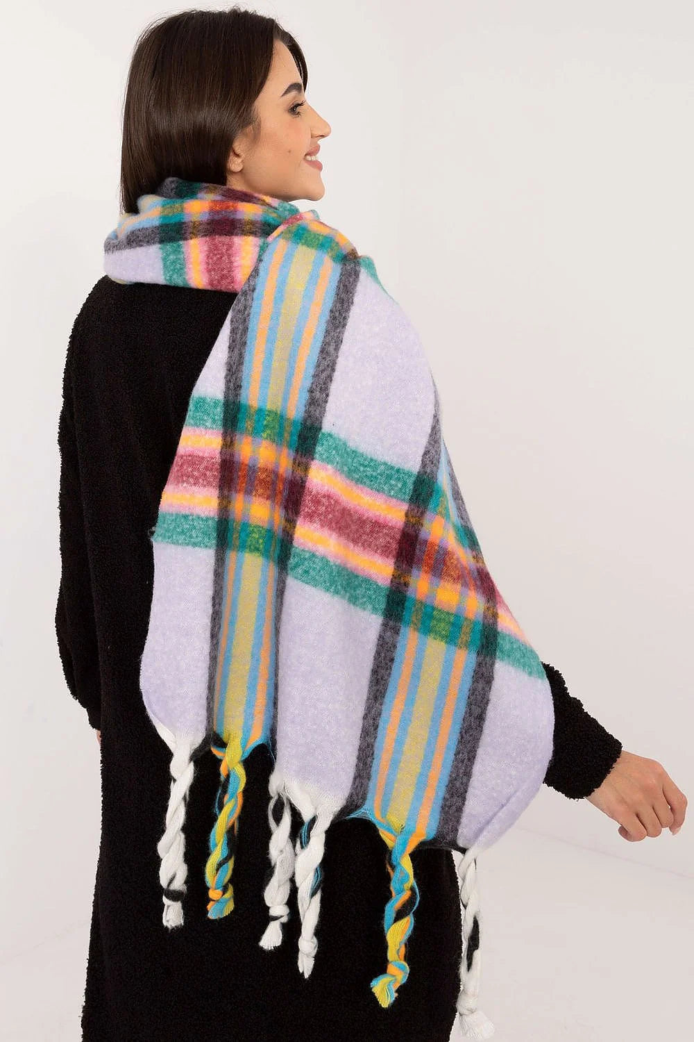 écharpe femme polyester carreaux multicolore franges torsadées oversize plaid lilas tartan brossée douce pelucheuse longue 182cm hivernale chic