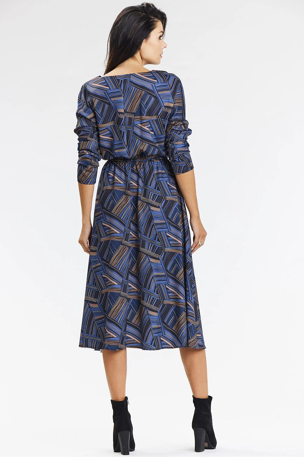 Robe élégante femme style kimono awama manches longues motif géométrique bleu brun occasionnels