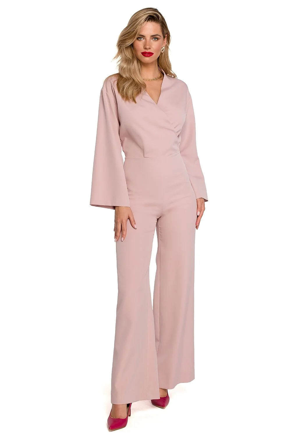 Combinaison Makover féminine élégante en polyester et élasthanne manches longues évasées encolure V croisée taille ajustable occasion spéciale