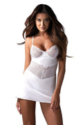 Nuisette féminine élégante sexy dentelle satin blanc soyeux ajustée bretelles fines nœud central femme mode moderne