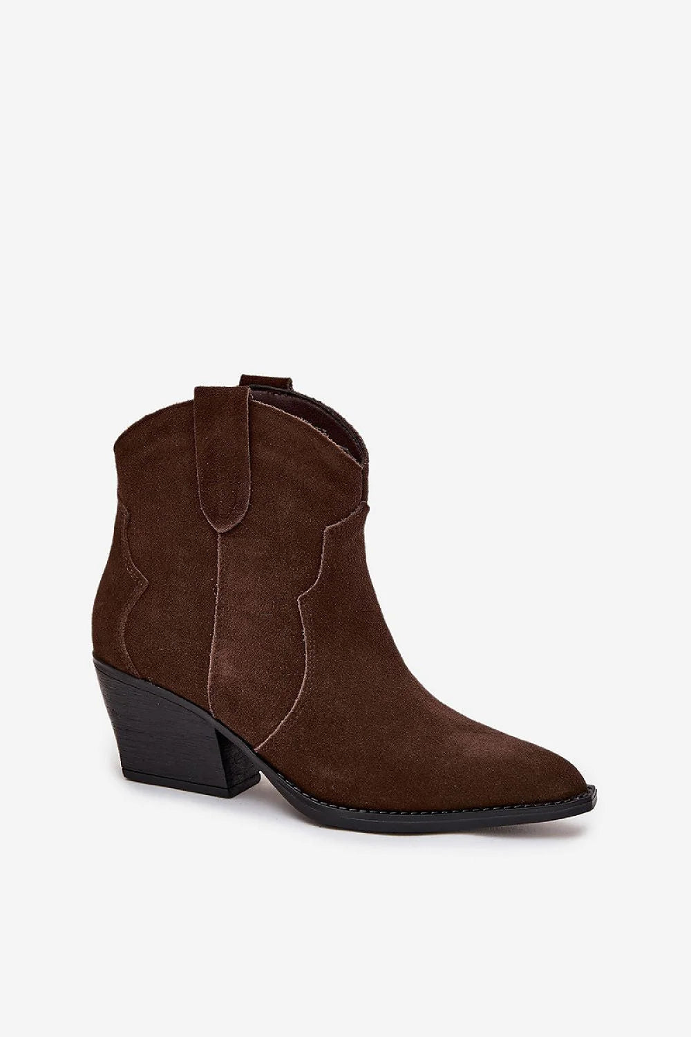 bottines femme western cowboy daim marron chocolat bout pointu tige courte talon bloc biseauté enfilage confortable doublure polaire
