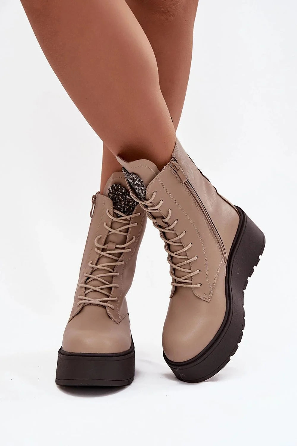 Jezzi bottines plateforme cuir naturel talon compensé confortable doublure chaude lacées fermeture éclair latérale cristaux coeur féminin silhouette allongeante polyvalentes