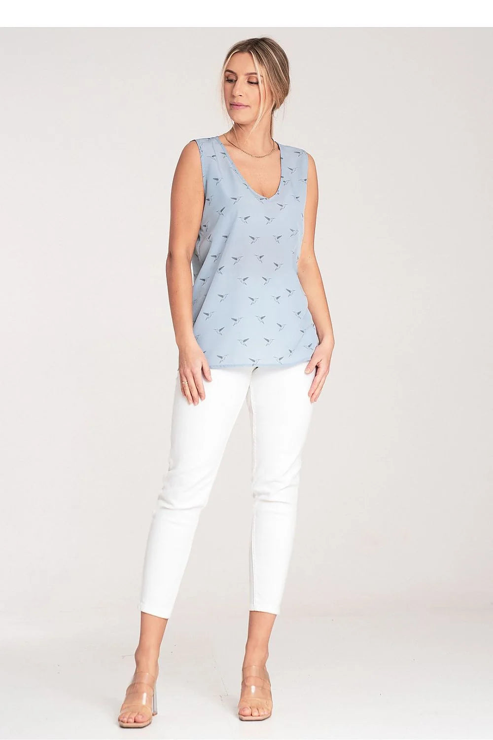 Chemisier sans manches féminin en polyester chemisier Figl style chic décontracté couleur bleu clair motif oiseaux taille S M L XL