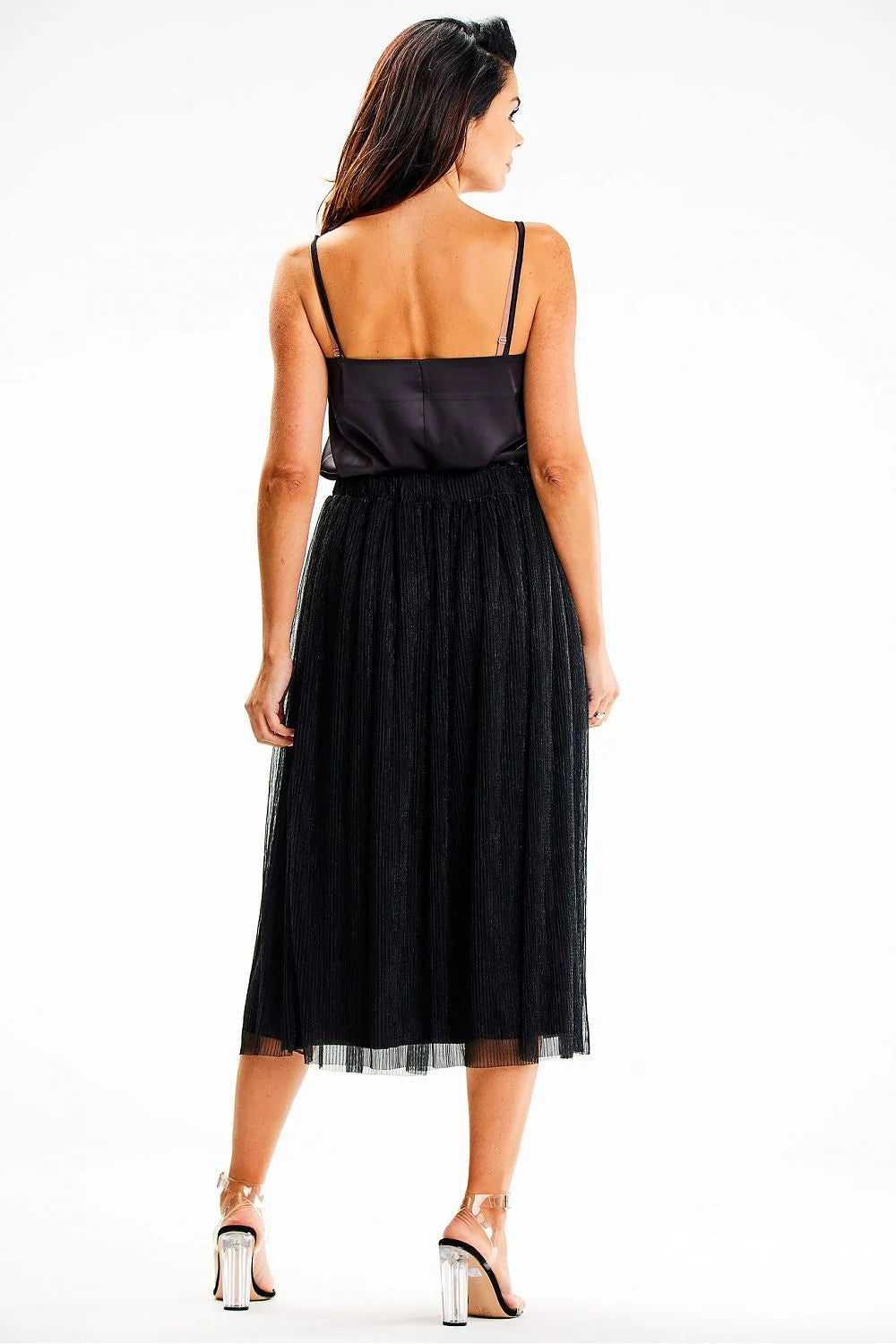 jupe midi Awama plissée maille scintillante satinée doublée taille élastique volume fluide noire élégante sophistiquée soirée chic