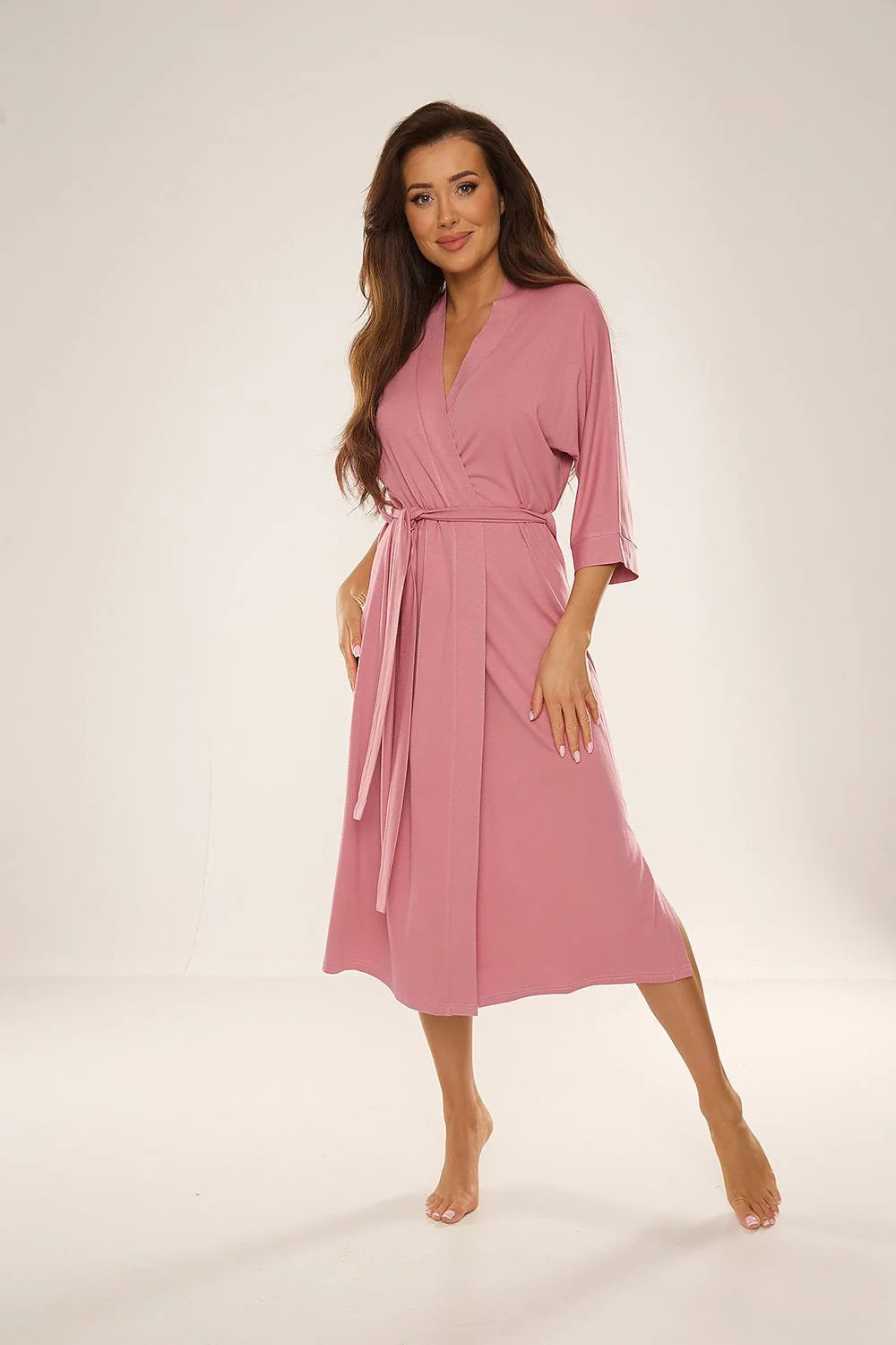 Peignoir de Lafense robe de chambre longue coupe cache-cœur manches 3/4 ceinture nouable viscose 94% élasthanne 6% pour femme