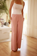 pantalon femme Mirale taille haute ceinture élastique coton élasthanne rose poudré jambes larges poches latérales coutures décoratives tombé