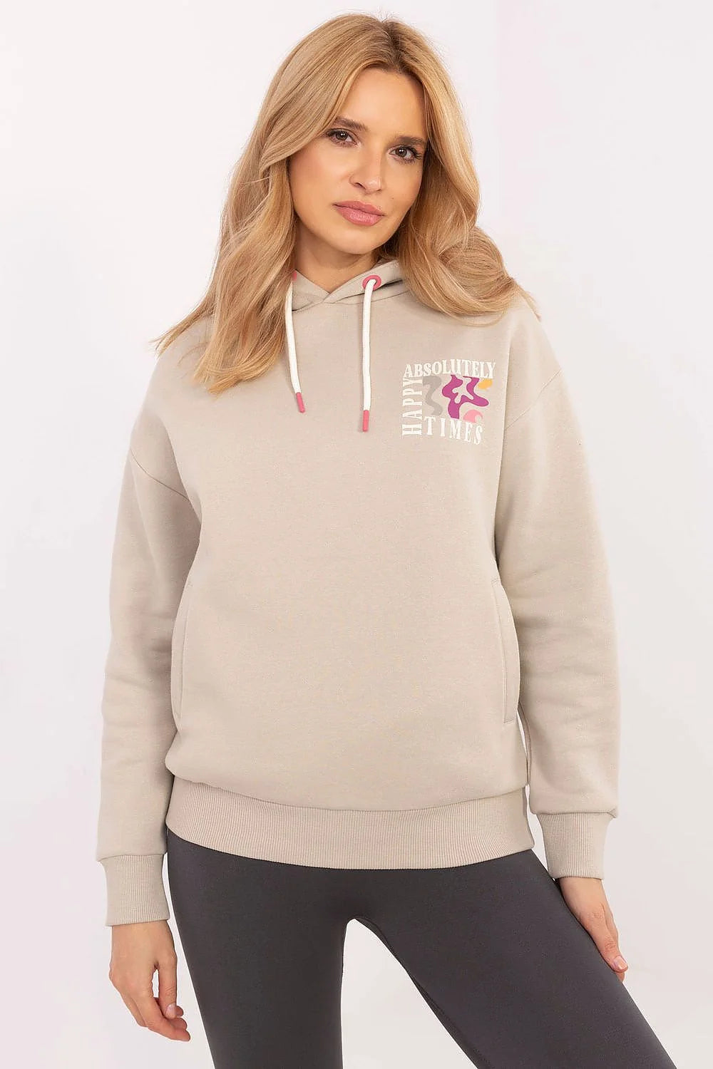 sweatshirt femme hoodie beige clair coton polyester molleton doux coupe ample longueur hanches poche kangourou imprimé floral cordon blanc roses