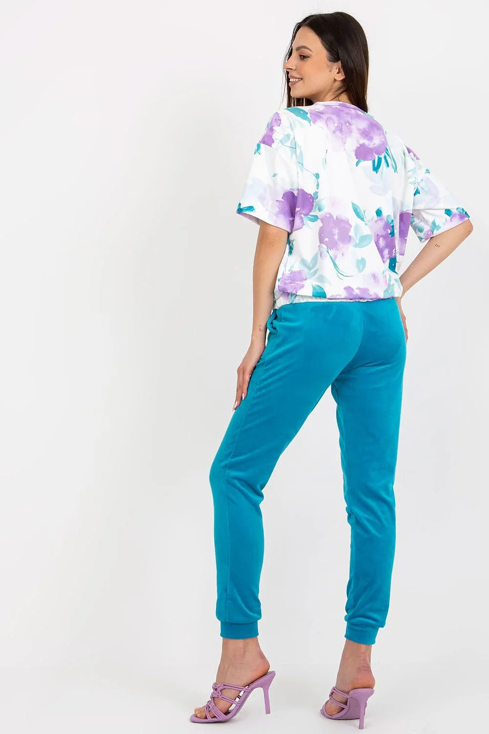 Ensemble Parisien féminin deux pièces blouse chemisier pantalon velours coton elasthanne floral bleu canard décontracté moderne occasion sortie