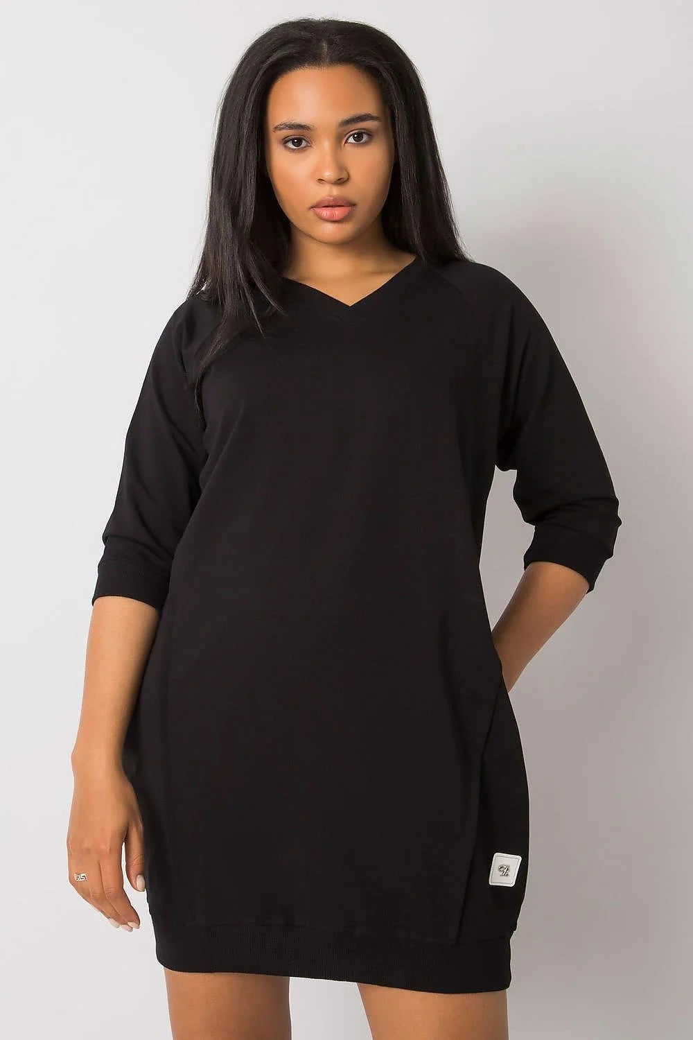 robe chemise grande taille oversize fuchsia coton élasthanne molleton manches trois quarts col V poches latérales coupe droite courte