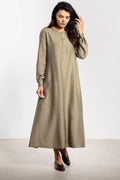 robe maxi femme manches longues coupe droite ample évasée kaki texturé aspect lin patte boutonnage boutons ceinture ton poignets boutonnés