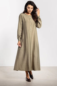 robe maxi femme manches longues coupe droite ample évasée kaki texturé aspect lin patte boutonnage boutons ceinture ton poignets boutonnés