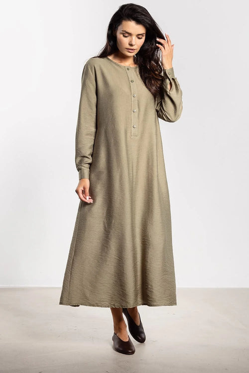 robe maxi femme manches longues coupe droite ample évasée kaki texturé aspect lin patte boutonnage boutons ceinture ton poignets boutonnés