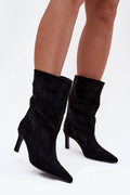 bottines suède noir talon effilé 7cm bout pointu tige froncée slouch féminine stylée chic urbaine élancée finition veloutée cuir écologique