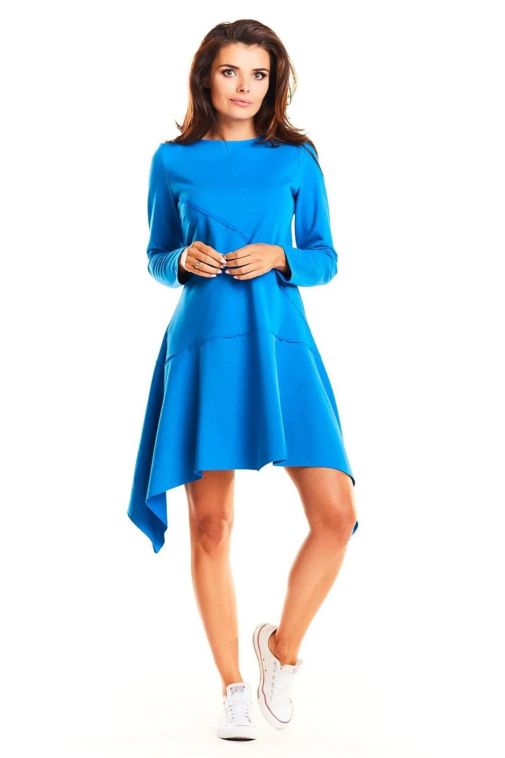 Robe bleu vif coton élasthanne polyester manches longues asymétrique moderne élégante décontractée féminine mode