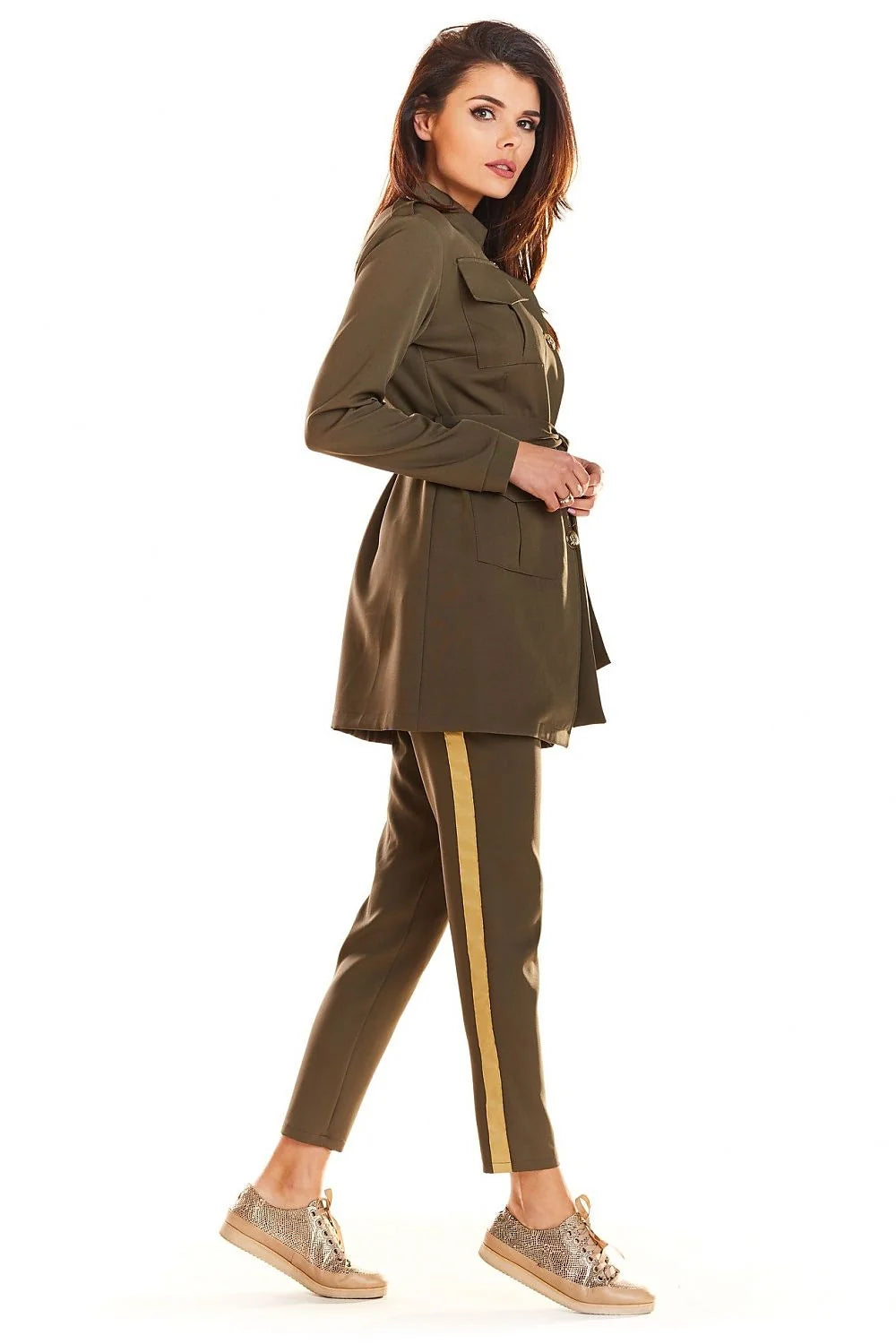 Veste longue femme kaki en polyester chic militaire élégante avec ceinture ajustable boutons dorés