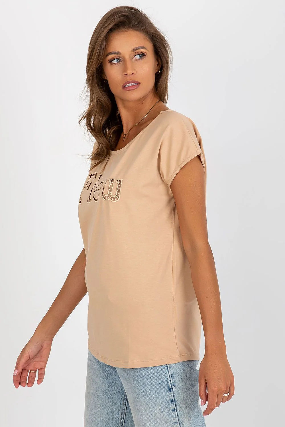 T-shirt pour femme Fancy encolure ronde manches courtes tissu coton elasthanne design graphique beige clair mode décontractée