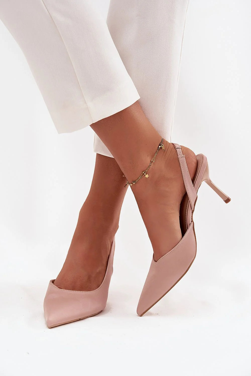 escarpins femme slingback bout pointu talon aiguille 8cm rose poudré tige lisse cuir synthétique bride arrière ouverte élégante