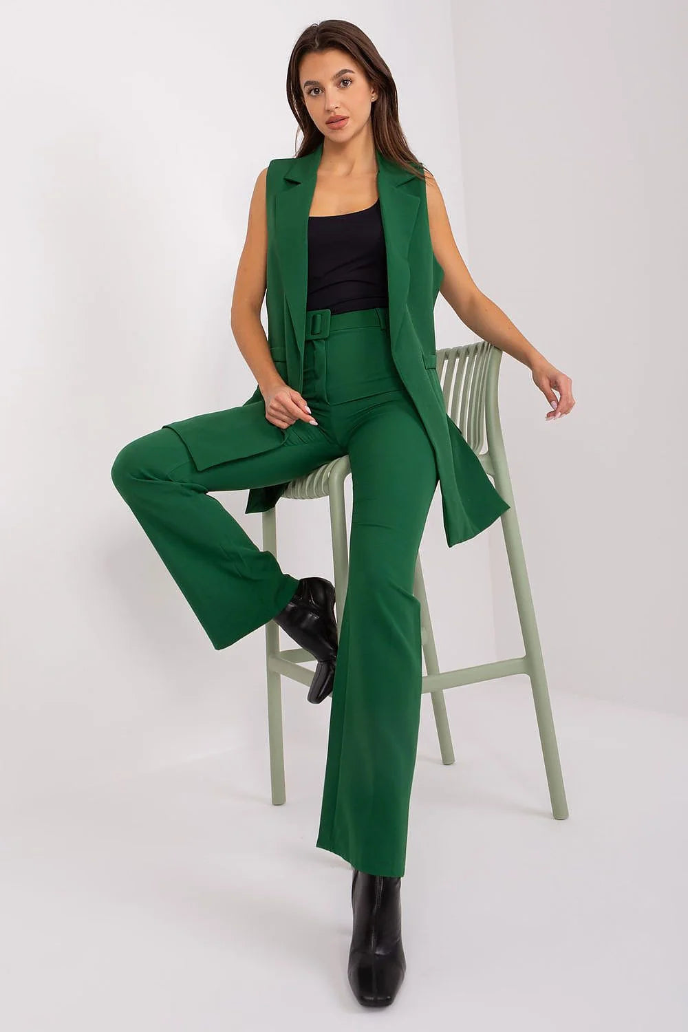 Ensemble trois pièces femme veste blazer vert top noir pantalon large Italy Moda polyester occasionnels soirées professionnelles