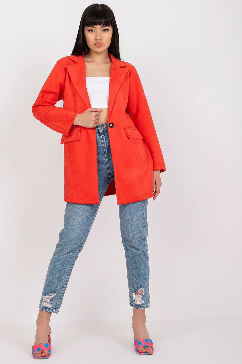 Veste pour femme moderne en imitation daim couleur pêche, style épuré, coupe droite, idéale pour toutes occasions, polyester et élasthanne, manches longues, poches à rabat, fermeture à glissière, look élégant et confortable