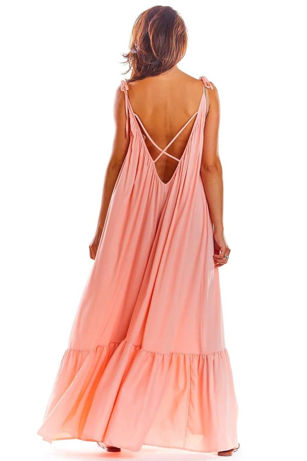 Robe longue AWAMA été 2023 coupe ample décolleté dos volant bas coloris rouge vif femmes viscose élasthanne