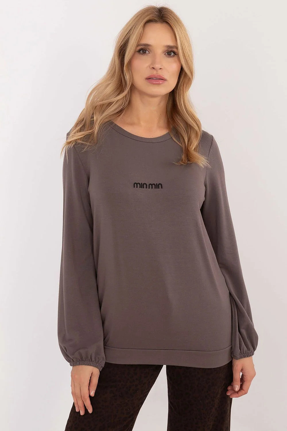 sweatshirt femme taupe oversize coupe ample modal élasthanne doux respirant extensible manches longues encolure ronde poignets élastiqués logo brodé
