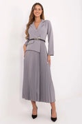 robe maxi évasée élégante professionnelle marin col classique plissée mouvement légère féminine manches longues ceinture cintrée viscose polyester