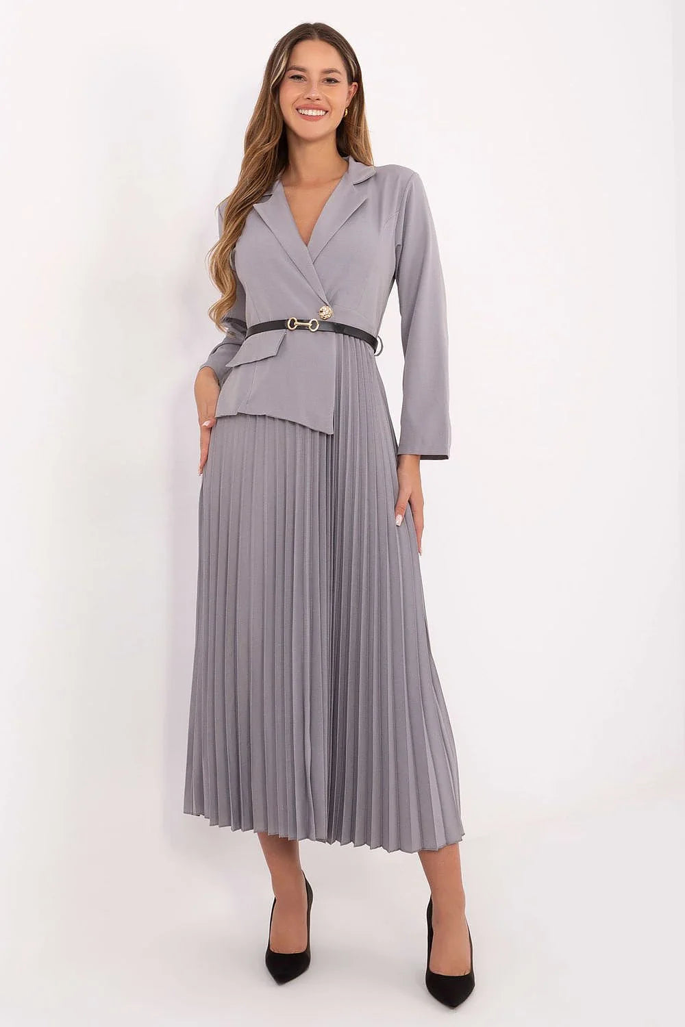 robe maxi évasée élégante professionnelle marin col classique plissée mouvement légère féminine manches longues ceinture cintrée viscose polyester