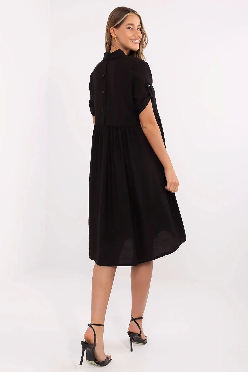 Robe chemisier évasée midi Italy Moda, col classique, manches courtes, boutons, poche poitrine, viscose nylon, noir uni, femmes