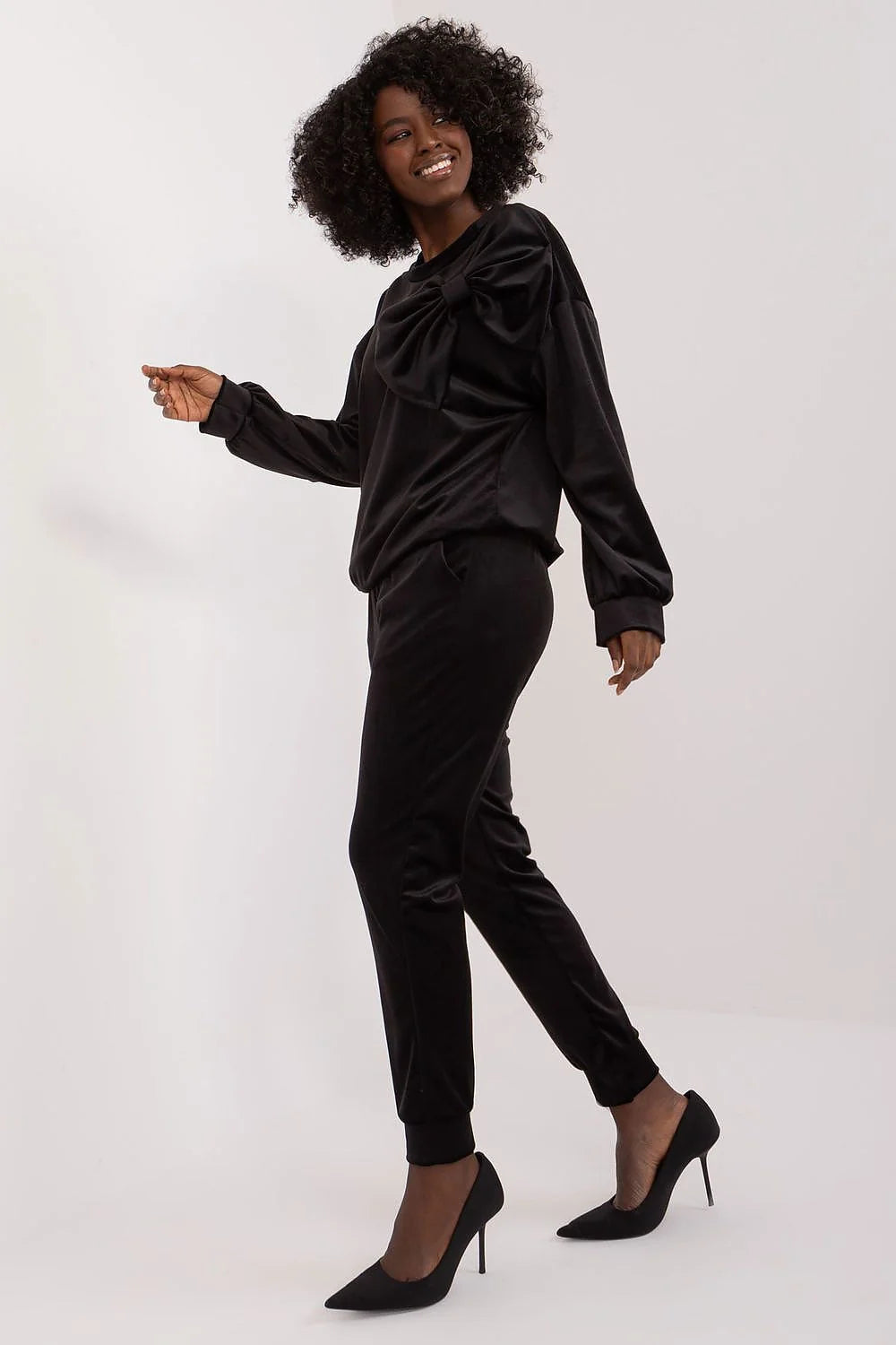 Ensemble coordonné Italy Moda deux pièces femme noir élégant décontracté haut sweatshirt pantalon velours polyester