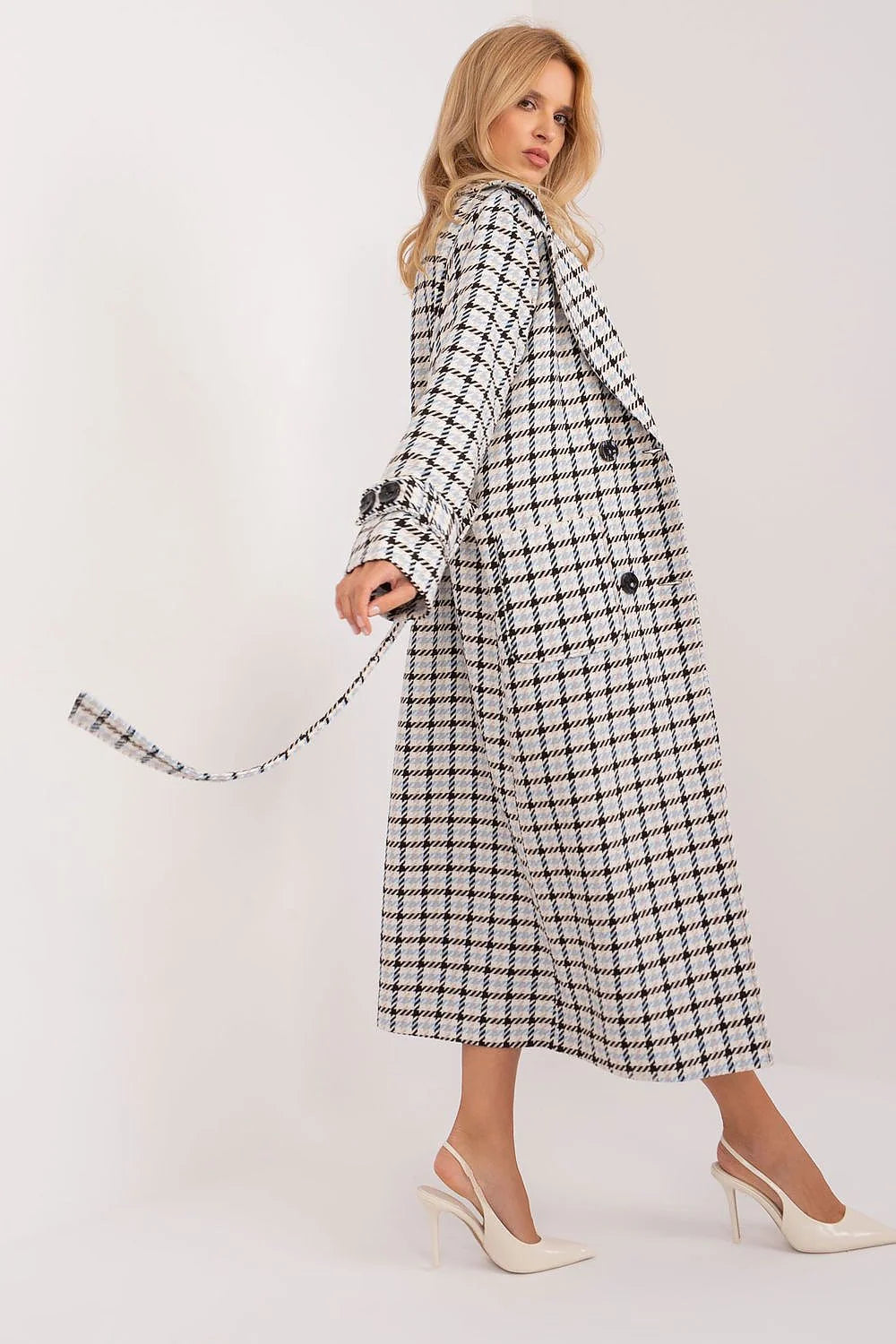 Manteau long pour femmes en laine mélange classique motif pied-de-poule col à revers double boutonnage poches plaquées automne-hiver