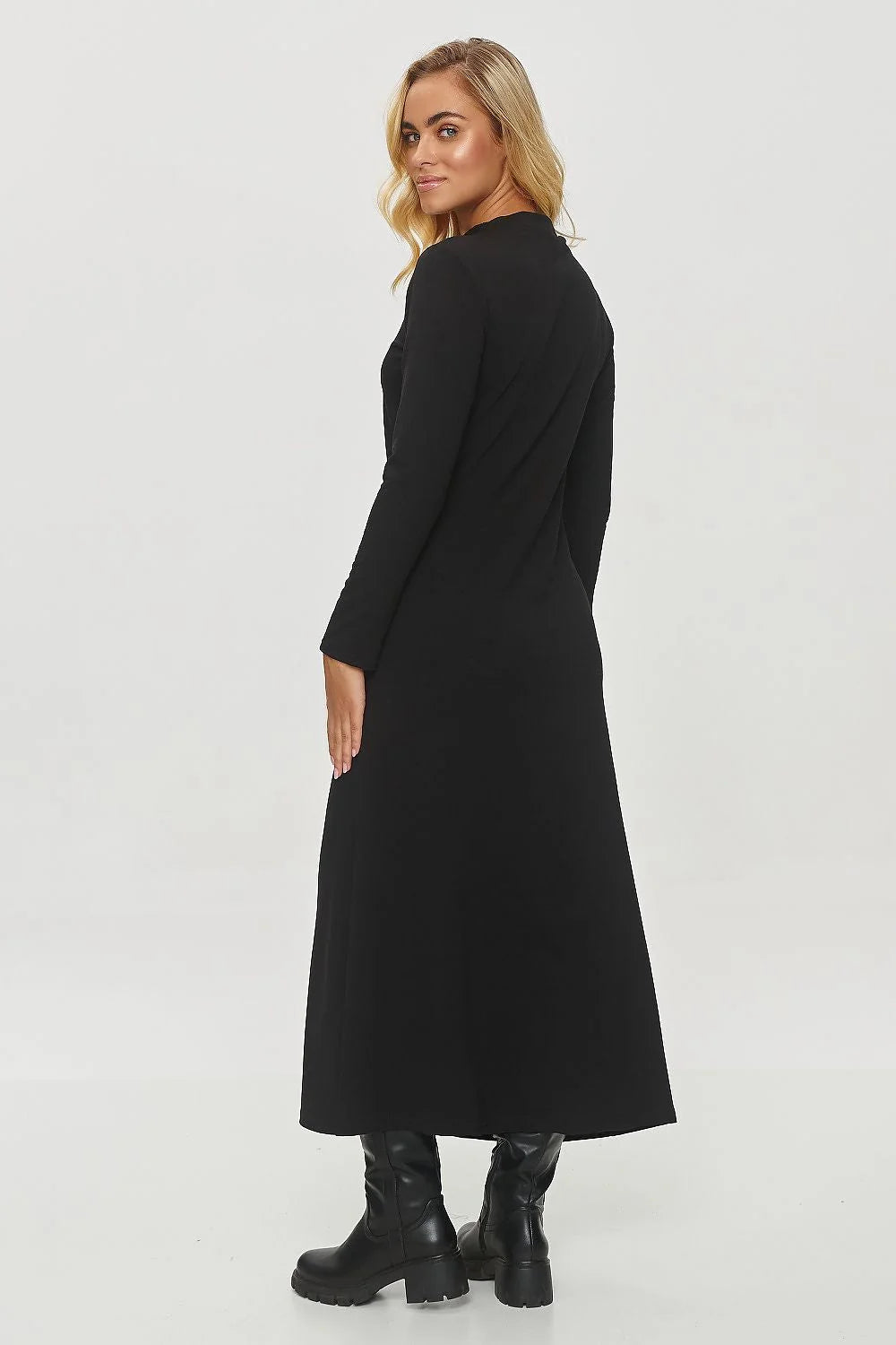 Robe de jour élégante noire longue manches longues enceinte haute taille ajustable femme coupe ajustée